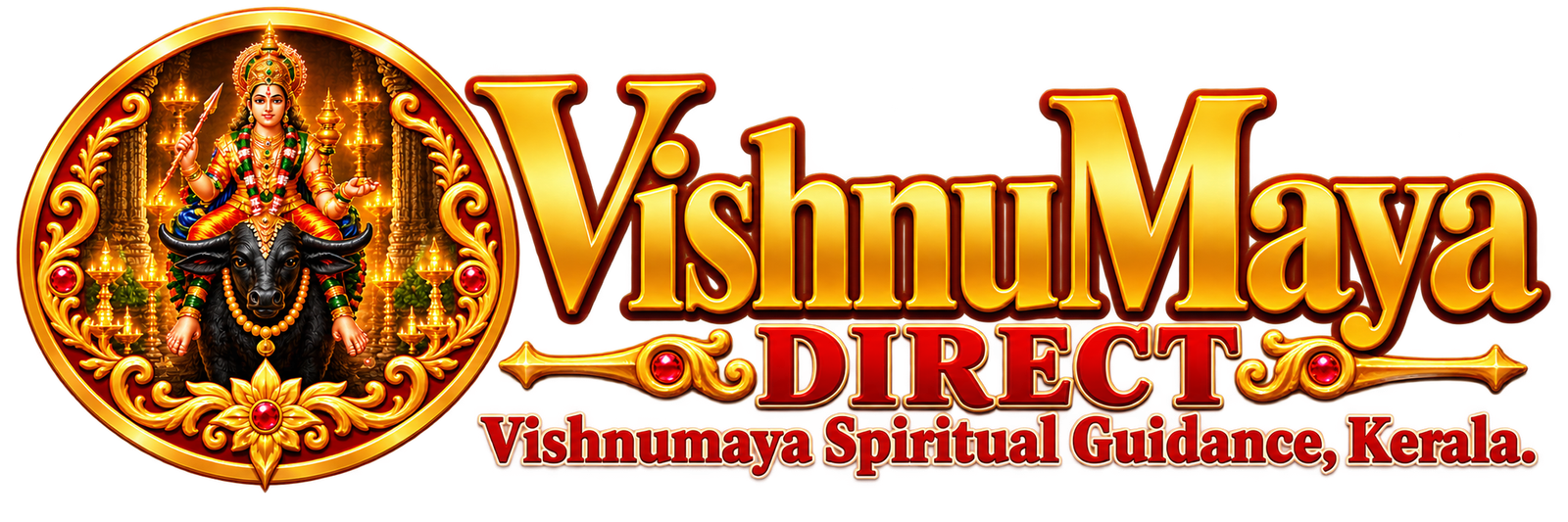 Vishnumaya Direct logo featuring Vishnumaya Swamy seated on a black buffalo within an ornate gold circular emblem, with the text “VishnuMaya DIRECT” and “Vishnumaya Spiritual Guidance, Kerala.”