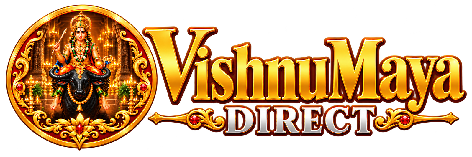 Vishnumaya Direct header logo featuring Vishnumaya Swamy seated on a black buffalo within an ornate gold circular temple emblem, alongside the gold “VishnuMaya” and “DIRECT” brand text.