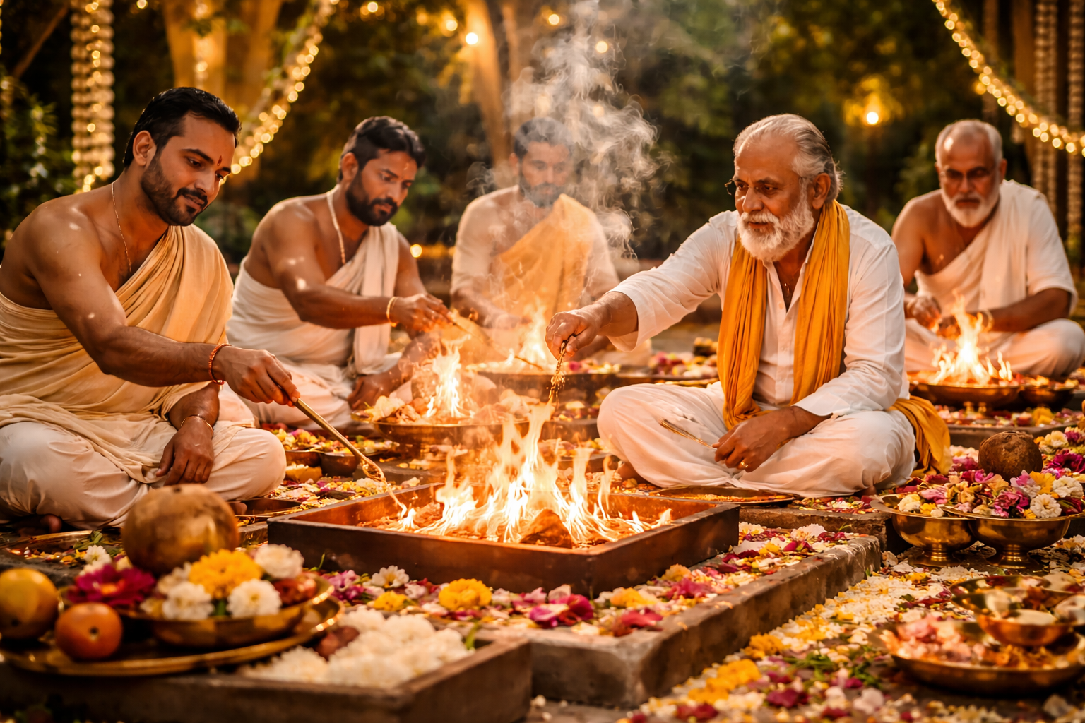 Priests performing a traditional Amavasya Homa and Puja with sacred fire, flowers, and offerings