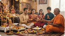 Family participating in a traditional puja ceremony with a spiritual priest for family and life guidance