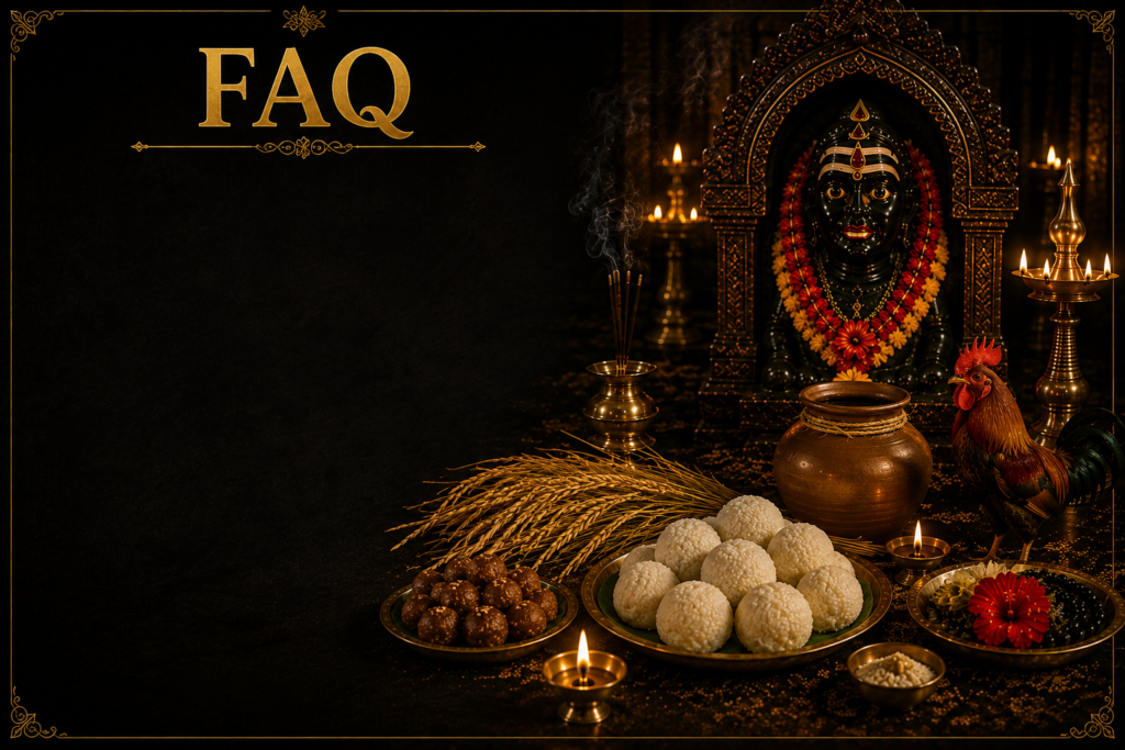 Kuttichathan FAQ section with traditional Kerala devotional offerings, lamps, paddy, rice balls, and rooster