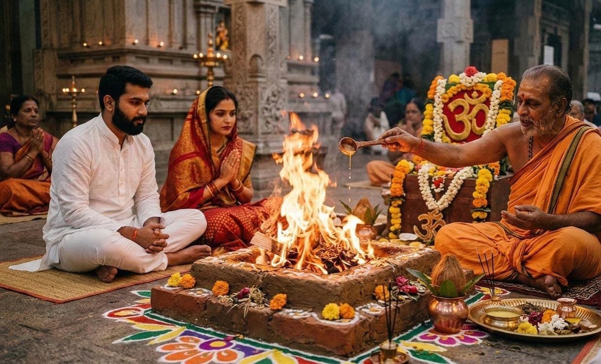 Couple participating in a traditional puja with a priest for planetary and dosh-related marriage and relationship guidance