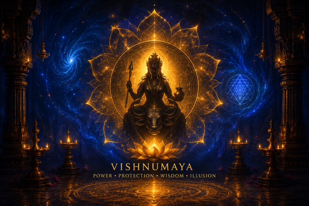 Mystical representation of Vishnumaya spiritual power with a golden sacred aura in a deep blue cosmic temple setting