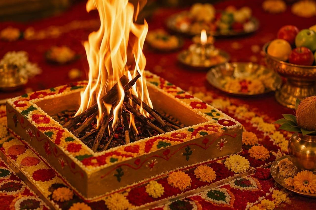 Traditional Hindu Homa fire ritual with sacred offerings, flowers, and puja arrangements