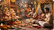 Traditional Wellness and Prosperity Puja with family, priest, sacred offerings, and devotional rituals