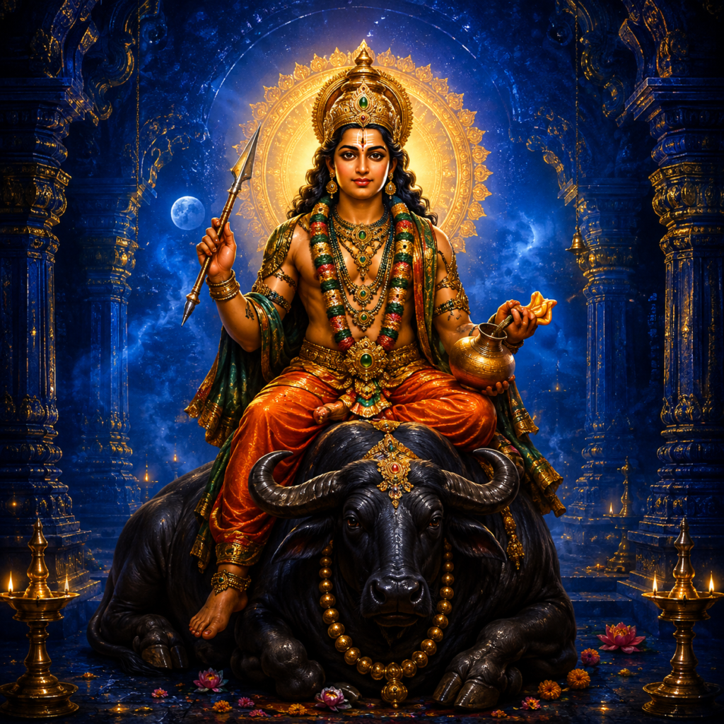 Vishnumaya, a traditional Kerala spiritual deity, seated on a buffalo in a mystical blue temple setting