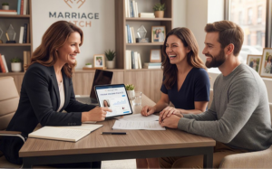 Couple discussing marriage compatibility with a female adviser during a consultation
