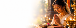 Woman praying beside traditional lamps and floral offerings in a Kerala temple setting