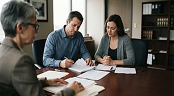 Couple discussing divorce and separation with a professional adviser, representing emotional support and guidance during difficult times.