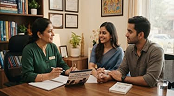 Couple discussing inter-caste marriage with a female counsellor, representing family guidance and support with social challenges.