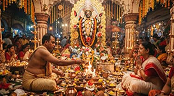 Traditional Kali Puja ceremony with a priest performing worship and devotees gathered before a decorated Hindu shrine.