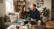 Couple sitting together on a sofa at home, representing live-in relationships, communication, and mutual understanding.