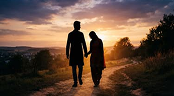 Silhouette of a couple walking together at sunset, representing love problem guidance, emotional healing, and relationship support.
