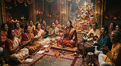 Devotees gathered for a traditional Hindu mantra chanting ceremony before a decorated shrine, representing Mata Mantra practices and spiritual guidance.
