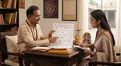 Traditional astrologer explaining an astrological chart to a woman during a personal consultation.