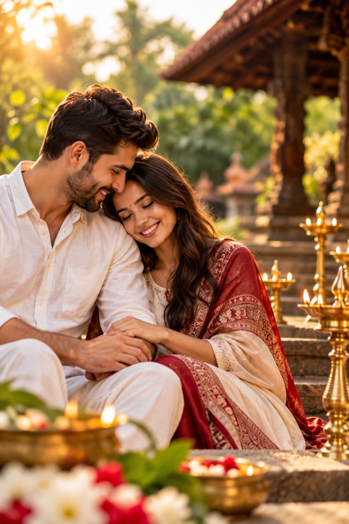 Couple sharing a peaceful moment in a traditional Kerala-inspired setting