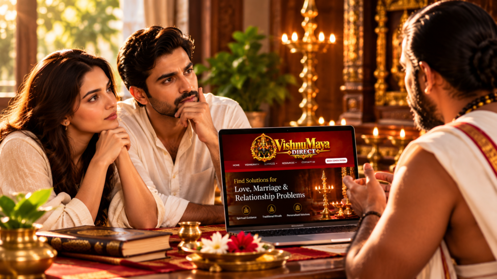 A couple seeks spiritual guidance for love and relationship problems during a consultation with a traditional spiritual mentor on the Vishnumaya Direct website.