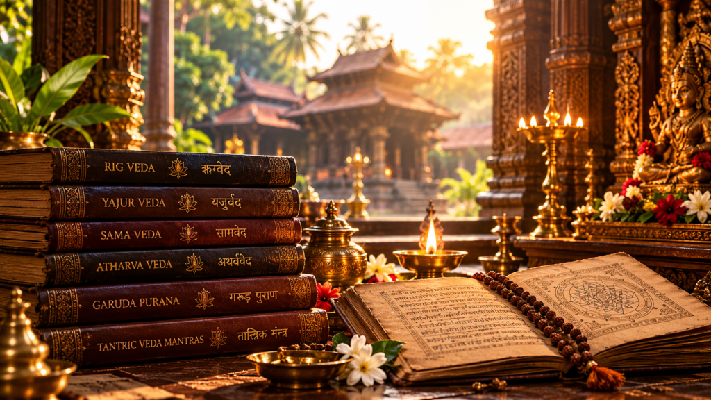 Ancient Vedic manuscripts, sacred texts, brass oil lamps, and a traditional deity shrine representing Kerala’s spiritual heritage.