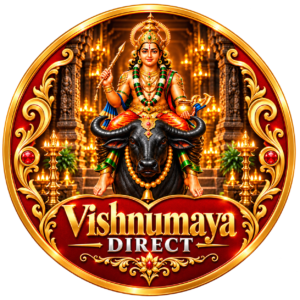 Round Vishnumaya Direct logo featuring Vishnumaya Swamy seated on a black buffalo, surrounded by an ornate gold and red temple-inspired frame.